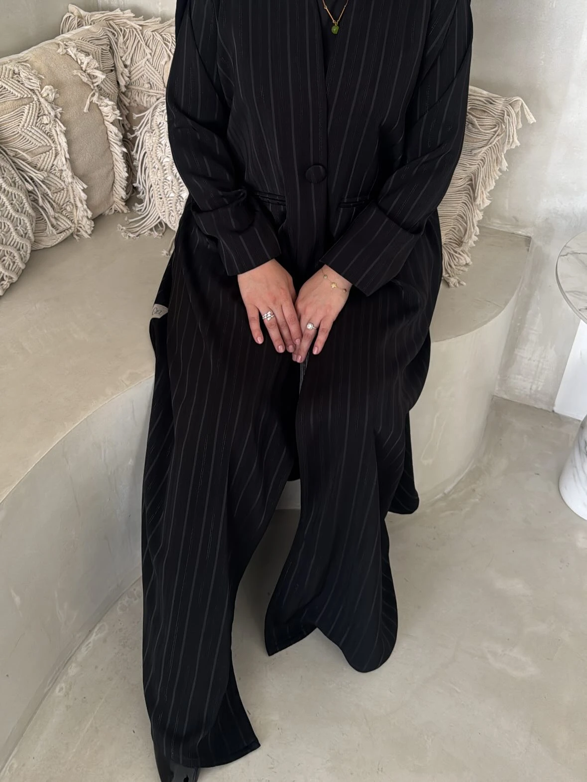 Ciel black pinstripe abaya with tailored cuffs